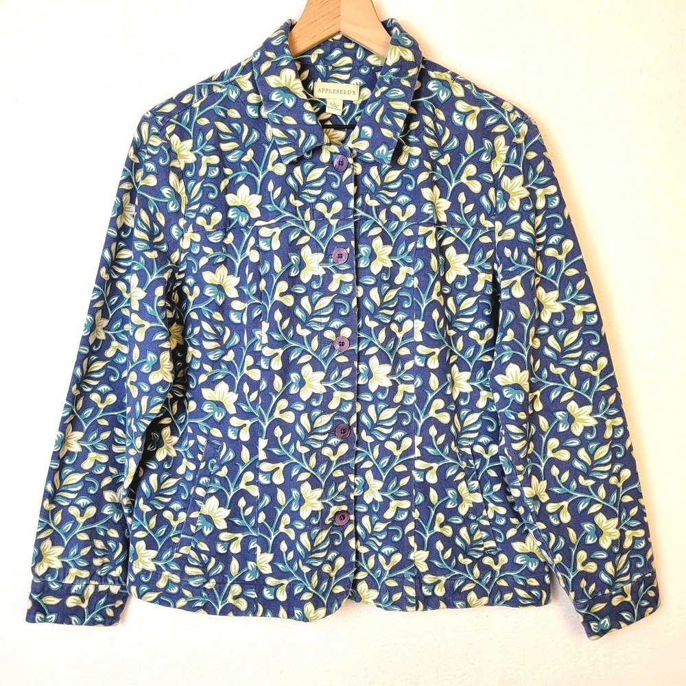 VTG 90s Appleseed's Floral Jacket L Cotton Botanical Boho Cottagecore Grandma - Picture 2 of 10